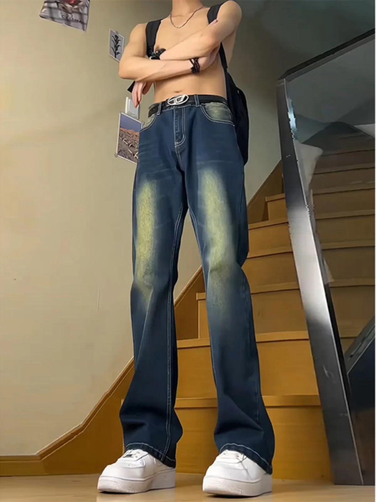 

Deep Blue Slim Fit Straight Leg Jeans for Tall Men Extended Length Cleanfit Bell Bot Youthful Trendy Wear Resistant
