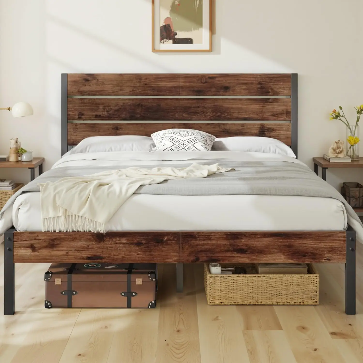 

Queen Metal Bed Frame with Headboard Footboard Storage Platform No Box Spring Easy Assembly Brown,Customized