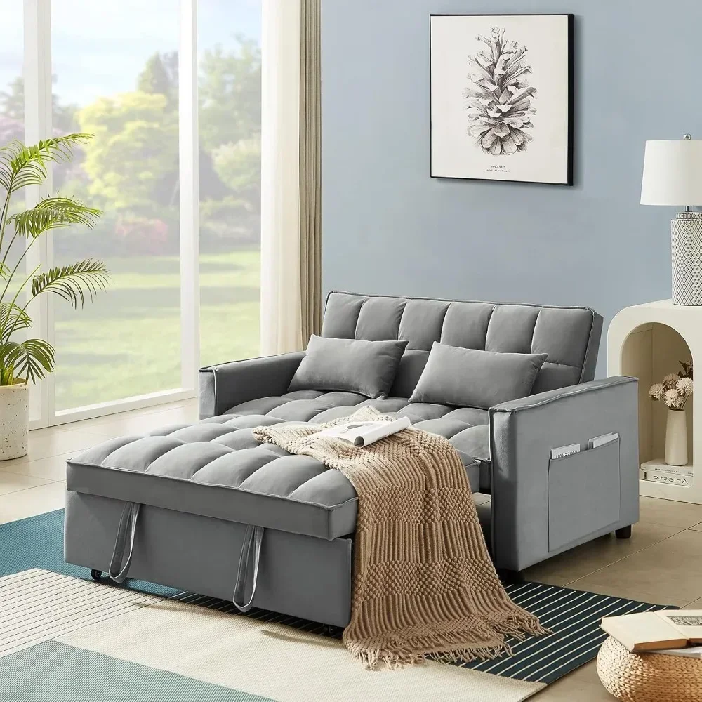 Modern Velvet Couch w/Pullout Bed, Small Love Seat Lounge Sofa w/Reclining Backrest, Toss Pillows, Pockets, Furniture