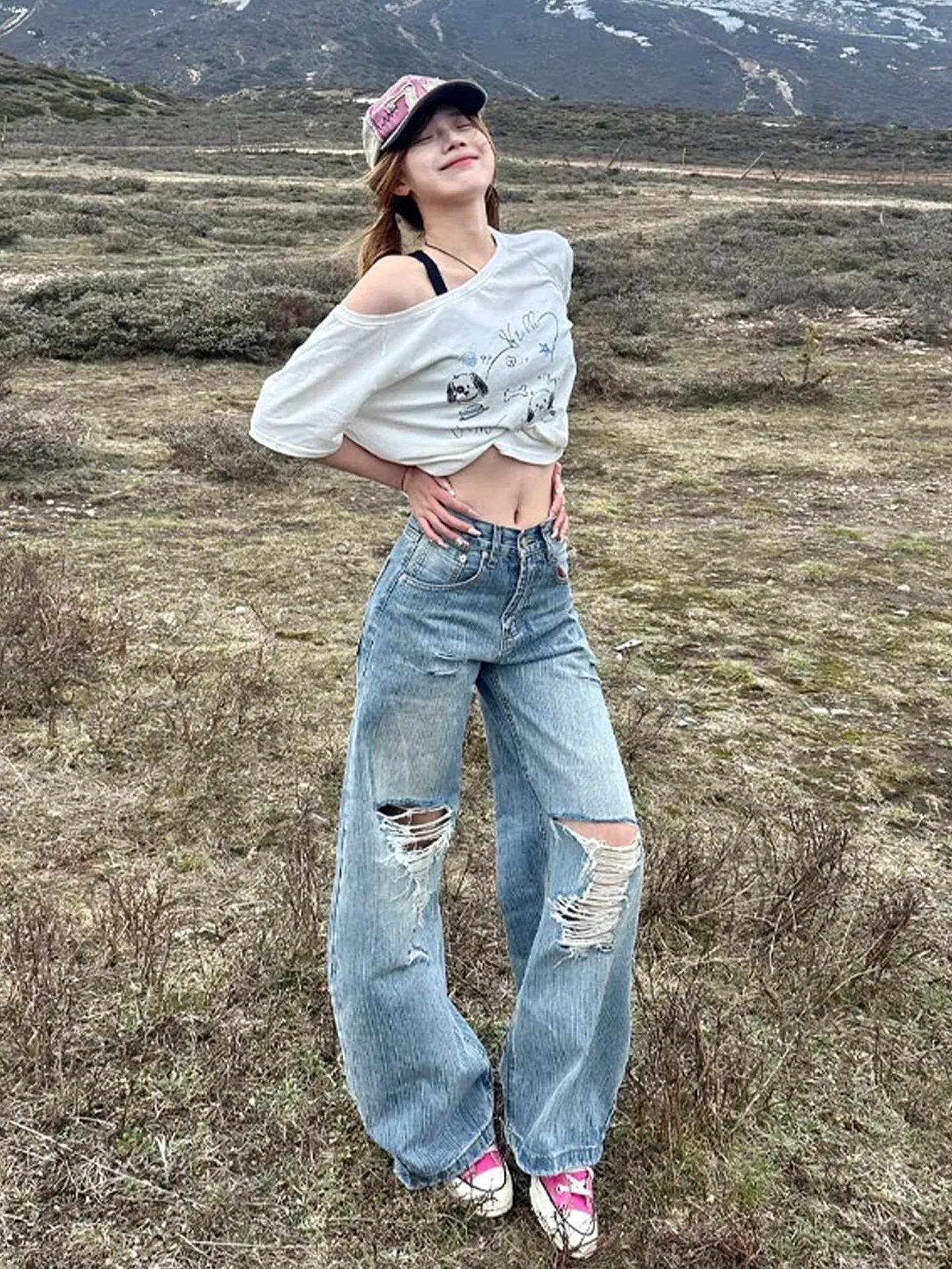 American Style High Street Loose Fit Thin Denim Jeans Women Summer Small Size Pants Wide Leg Long Trousers Tear Detail