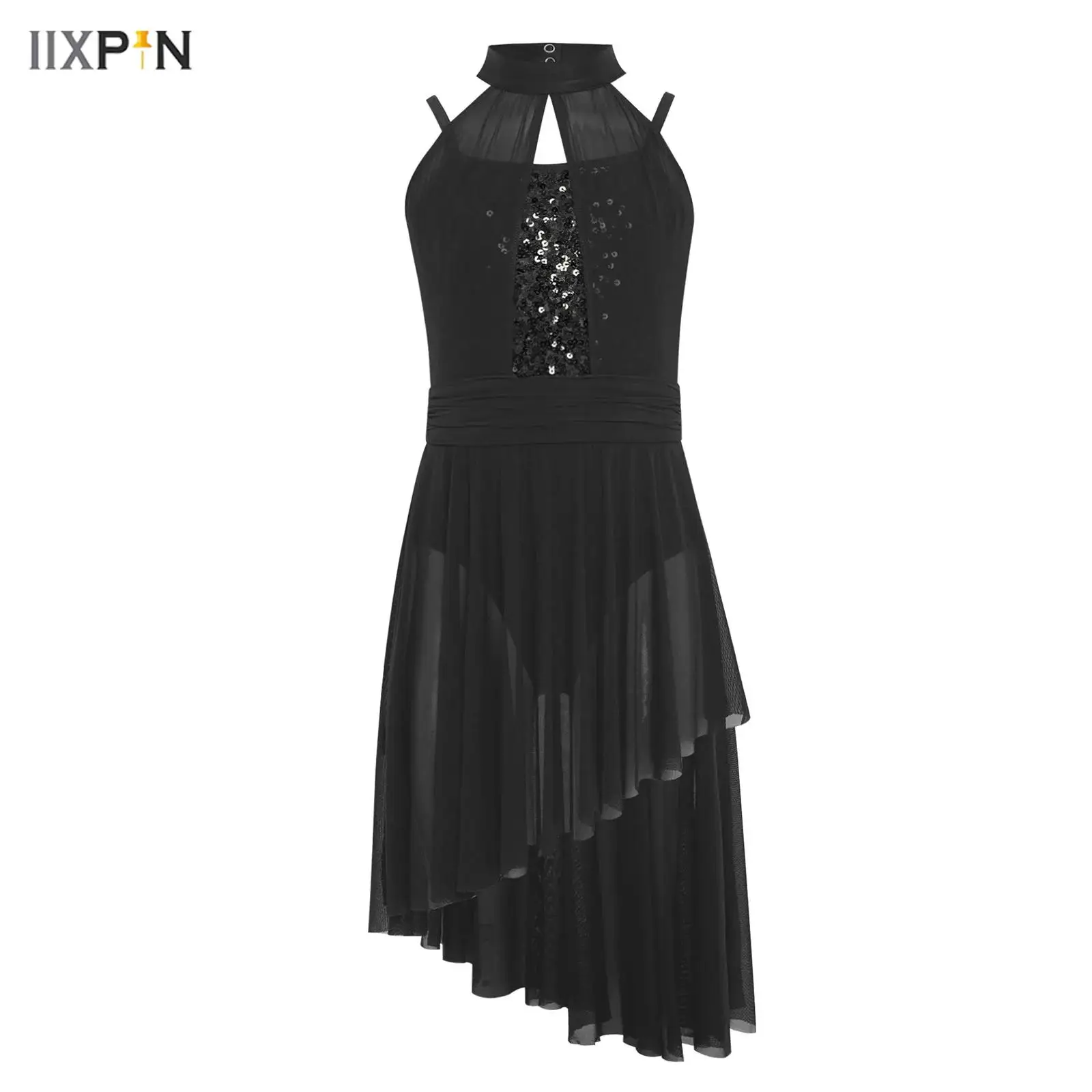 

Kids Girls Lyrical Dance Dress Sleeveless Shiny Sequins Bodice Sheer Mesh Dress for Gymnastics Modern Dance Stage Performance