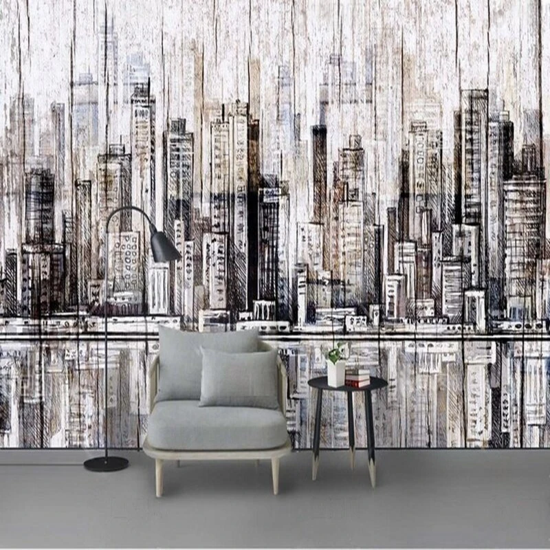 

MU9185 Nordic retro wooden board abstract urban home decoration TV bedroom background decorative painting