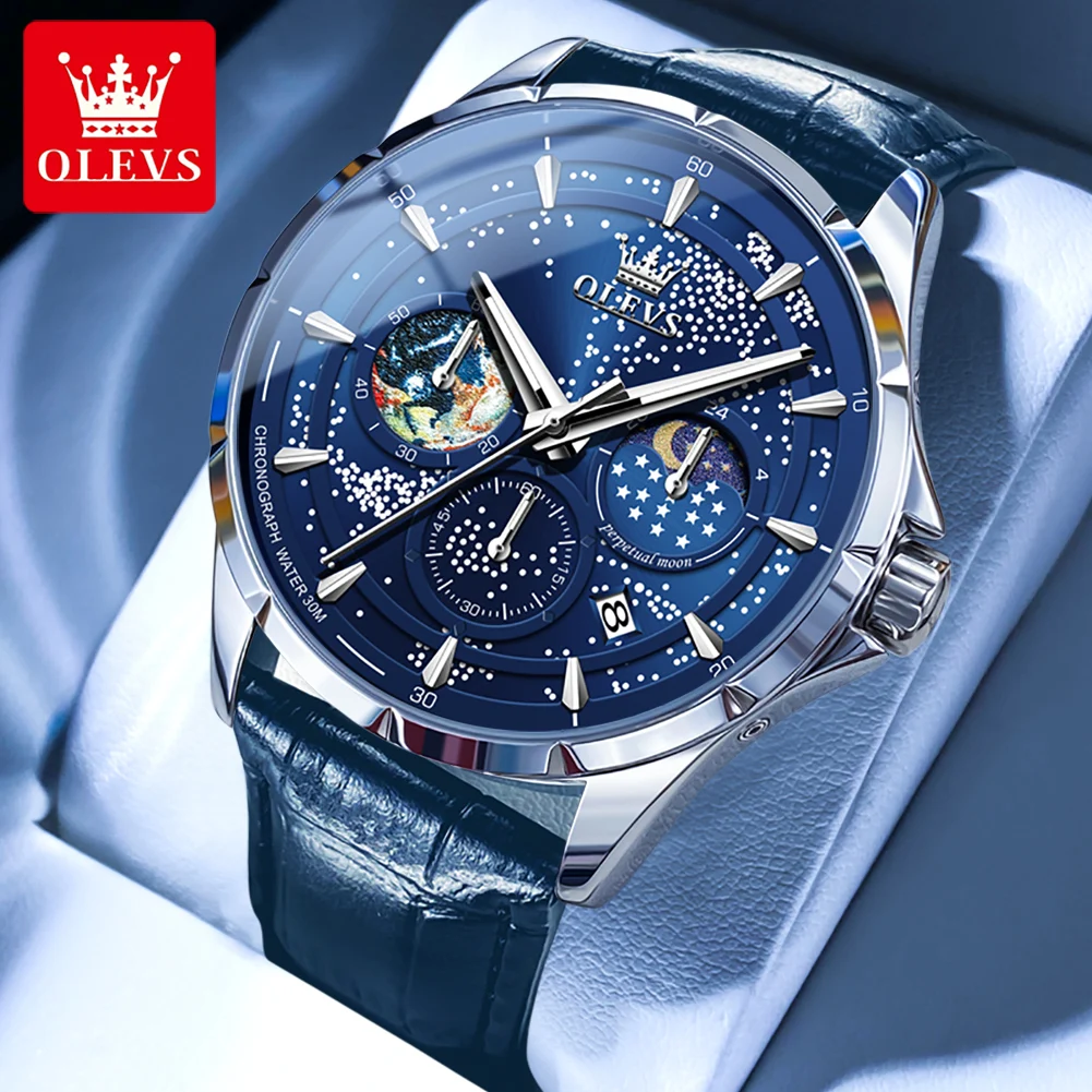 OLEVS Top Brand Starry Blue Quartz Watch for Men Leather Strap Men\'s Wristwatch Moon Phase Chronograph Sport Watch Original New