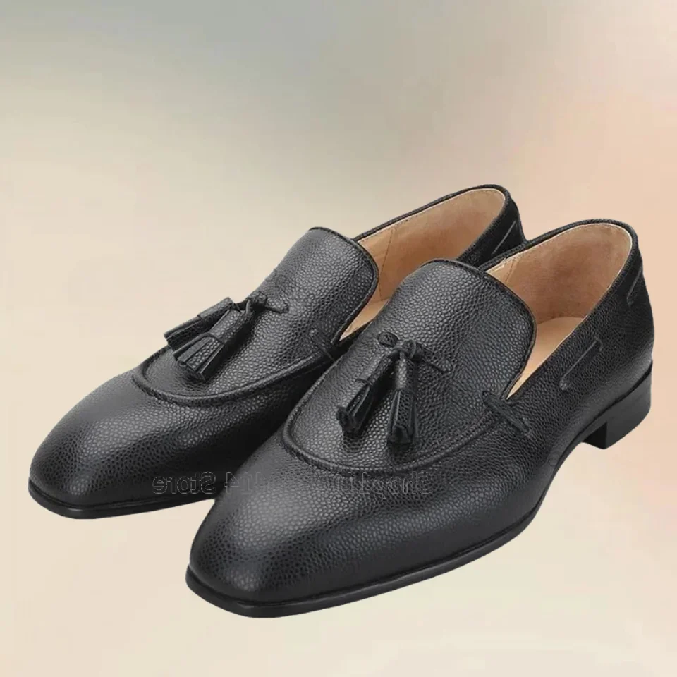 

Black Lychee Print Tassels Decor Square Toe Loafers Fashion Slip On Men Shoes Luxury Handmade Party Feast Office Men Dress Shoes