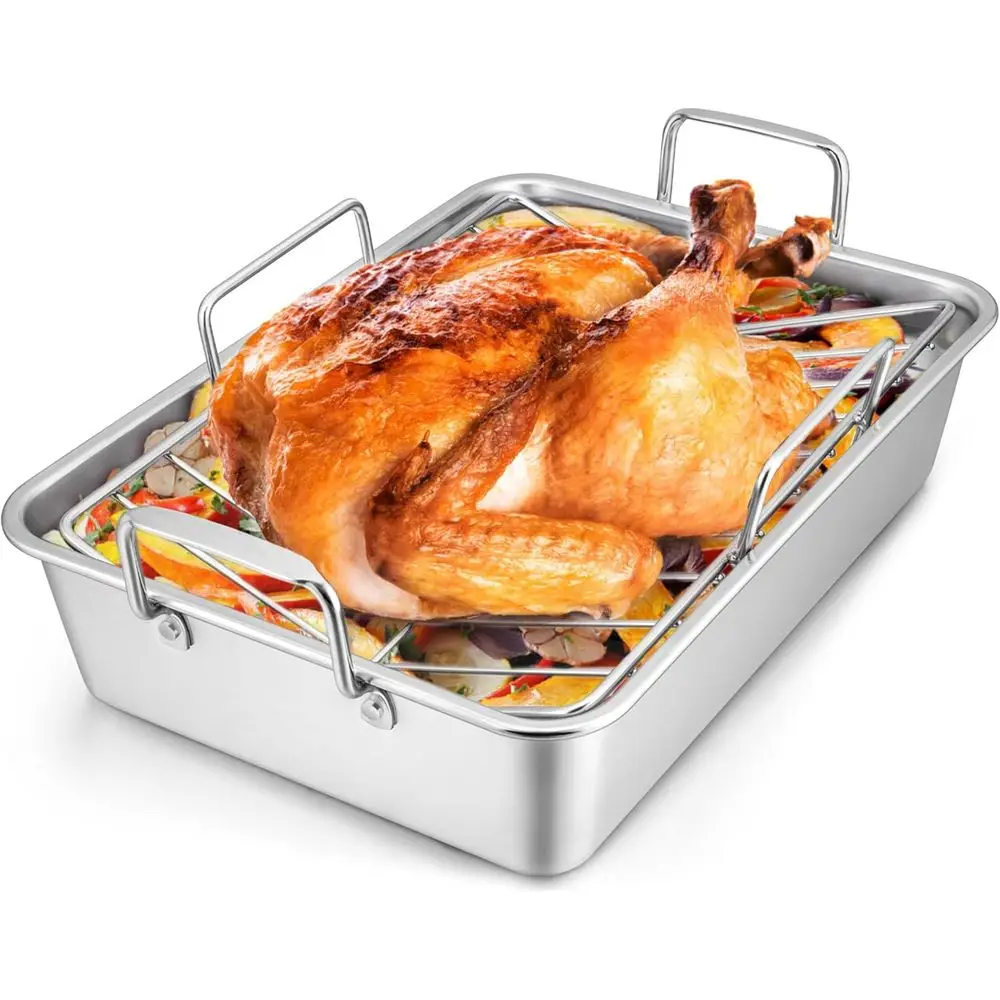 

LIANYU 16 Inch Roasting Pan, Large Turkey Roaster with V-Shaped Rack and Bg Rack, Heavy Duty StainlSteel Deep Broiling Lasagna P