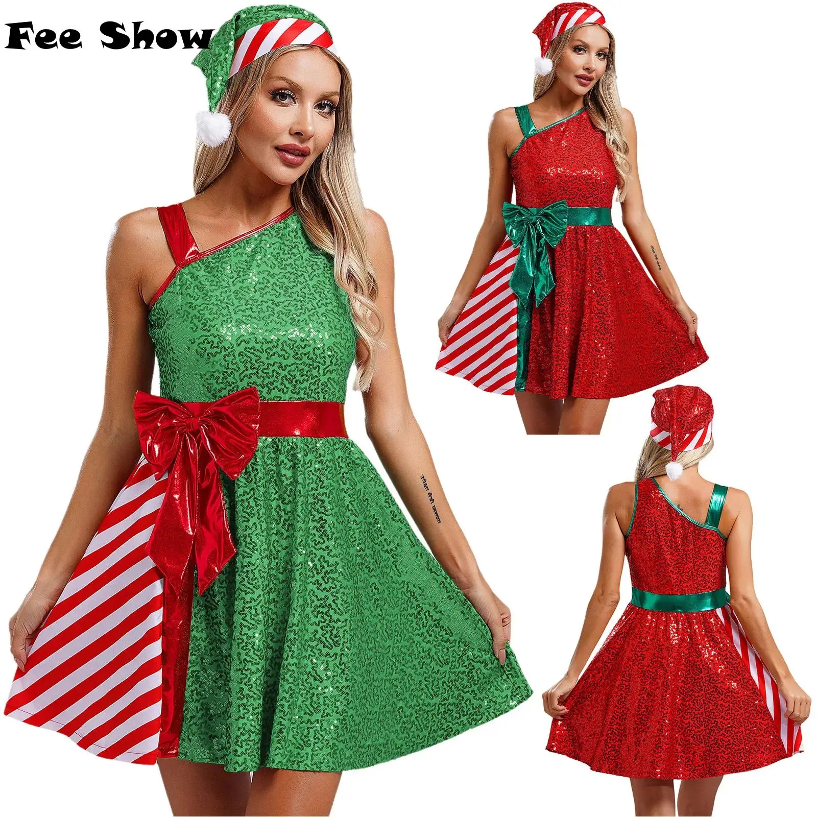 Women Christmas Dance Costume Mrs Santa Claus Costume Sleeveless Sequins Stripes Dress with Santa Hat for Xmas Party Costume