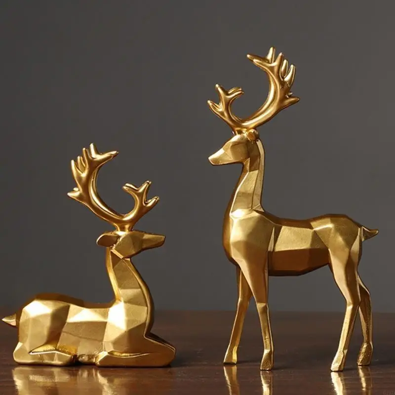 62KD Reindeer Figurines Set of 2 Resin Sitting and Standing Deer Statue Decorations for Bedroom Deers Christmas Ornaments