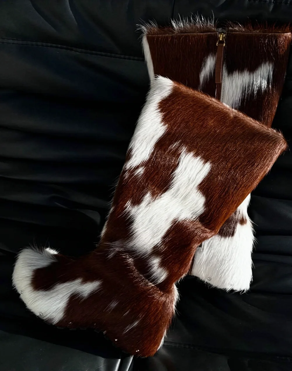 Winter Brown White Cow Print Knee High Boots Internal Wedge Side Zipper Design Western Cowgirl Style Tall Boots for Streetwear