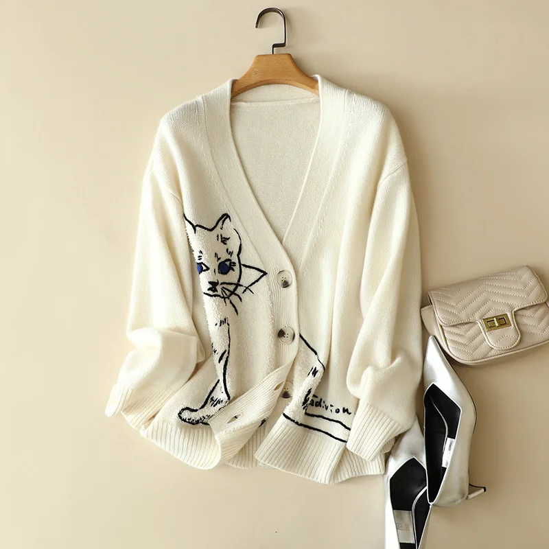 

masigoch europe winter new exquisite cat pattern embroidery outerwear 7gg thick knit luxury cashmere merino v neck cardigan coat