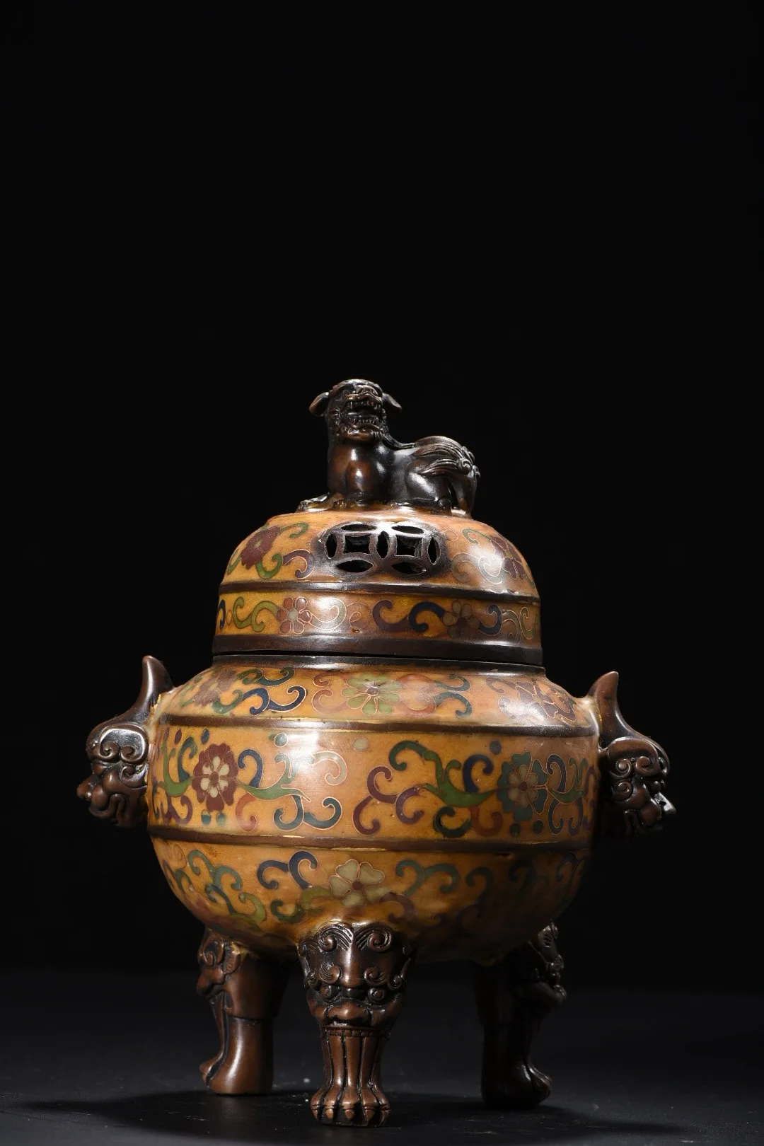 

8"Nepalese folk Old Bronze Cloisonn Enamel Lion statue cover Unicorn Ear Tripod Incense Burner Town house