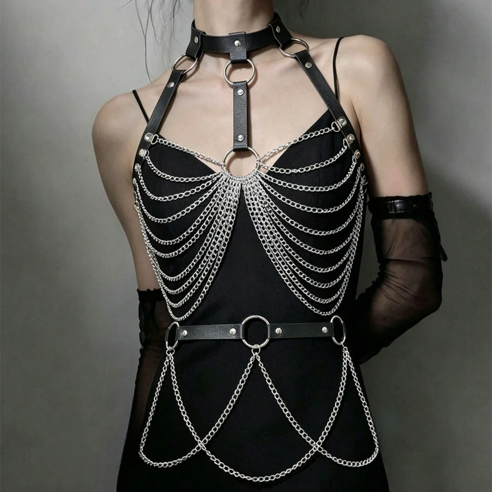 1PCS 2PCS Women's Belt Multi Layer Chain PU Leather Belt Punk Gothic Fashion Accessories Suitable for Daily Matching