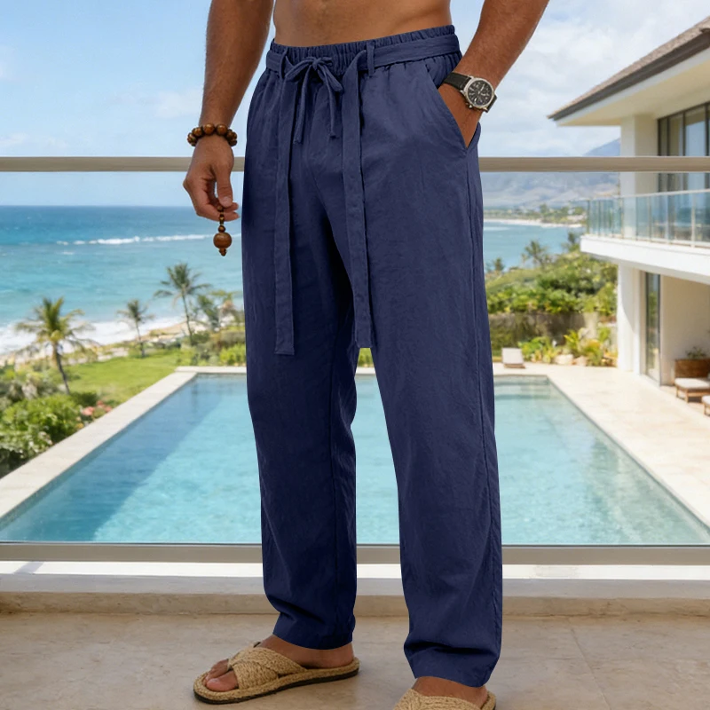 Herrenhose aus atmungsaktivem Leinen mit geradem Bein und elastischem Bund, lässige Urlaubshose für den Strand. – Detail 33