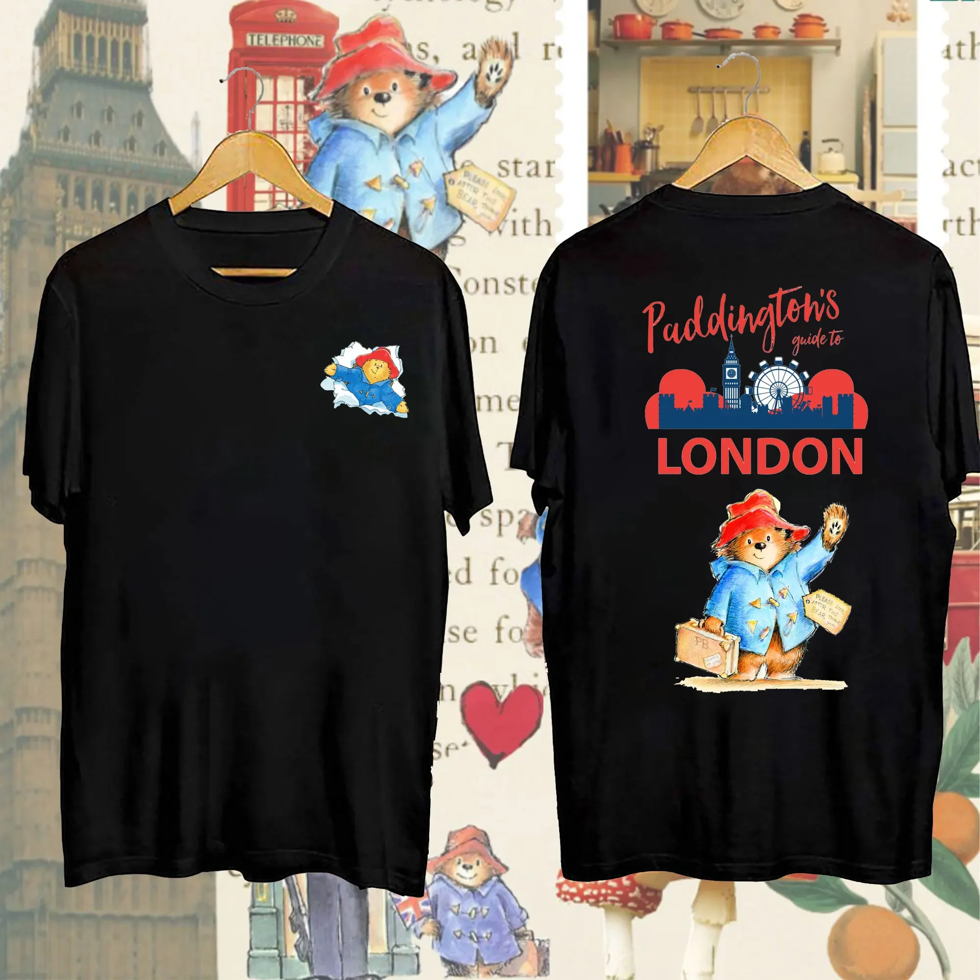 

Paddington Bear in London Cartoon Double-sided Printing Tshirt Graphic Unisex Shirt New in Cotton T-shirts Spring Harajuku Tops