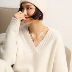 2022 Autumn Winter 100% Cashmere Sweater V-Neck Women's High Quality Soft Loose Thickened Knitted Pullover Fashion Clothes Girls