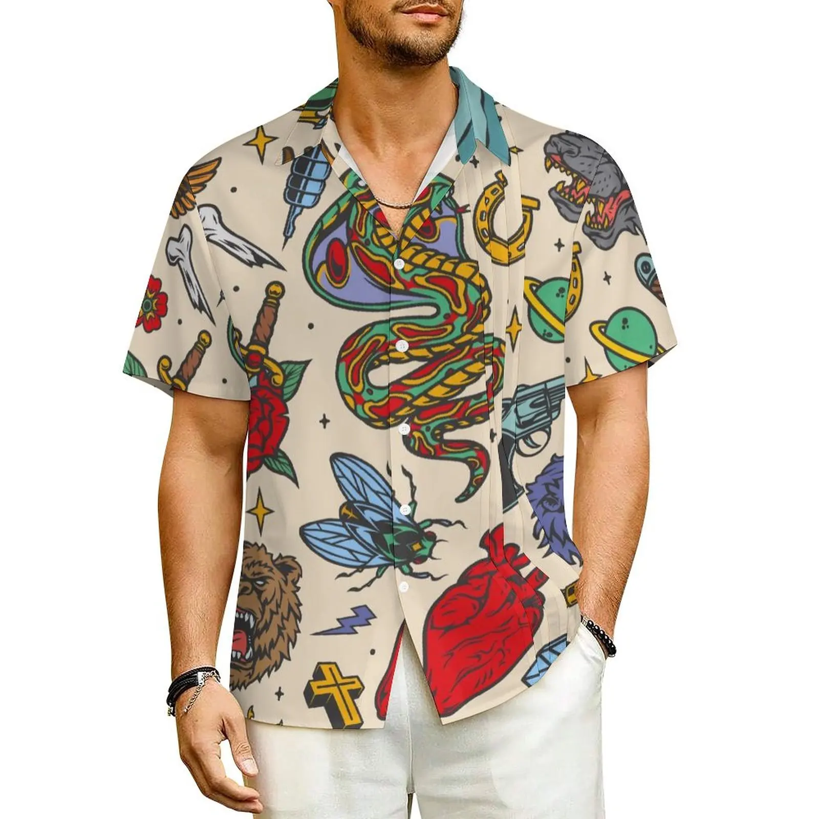 

Vintage Tattoos Hawaiian Shirt For Men Vacation Animal Head Bear Bullet Casual Shirts Street Style Elegant Plus Size Blouses