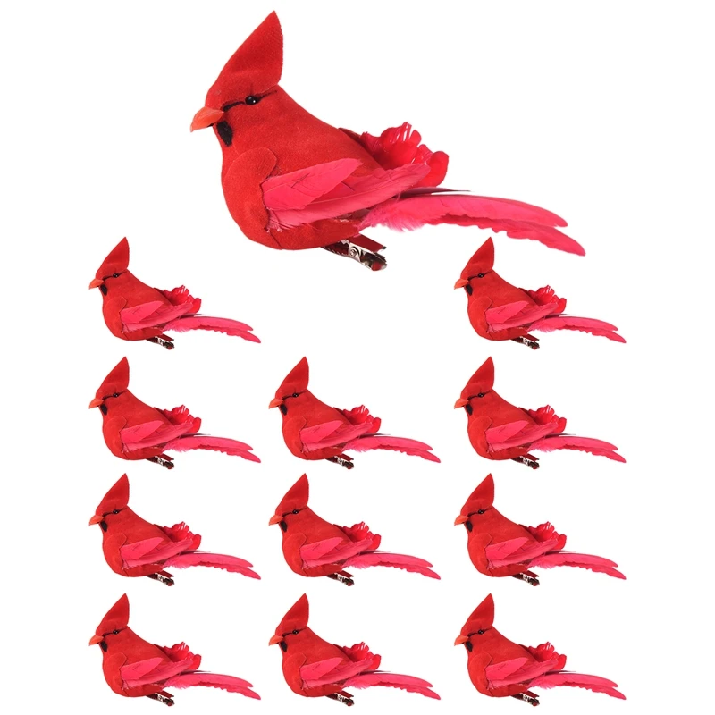 12Pcs Clip-On Artificial Red Cardinals Christmas Ornaments Feathered Bird Xmas