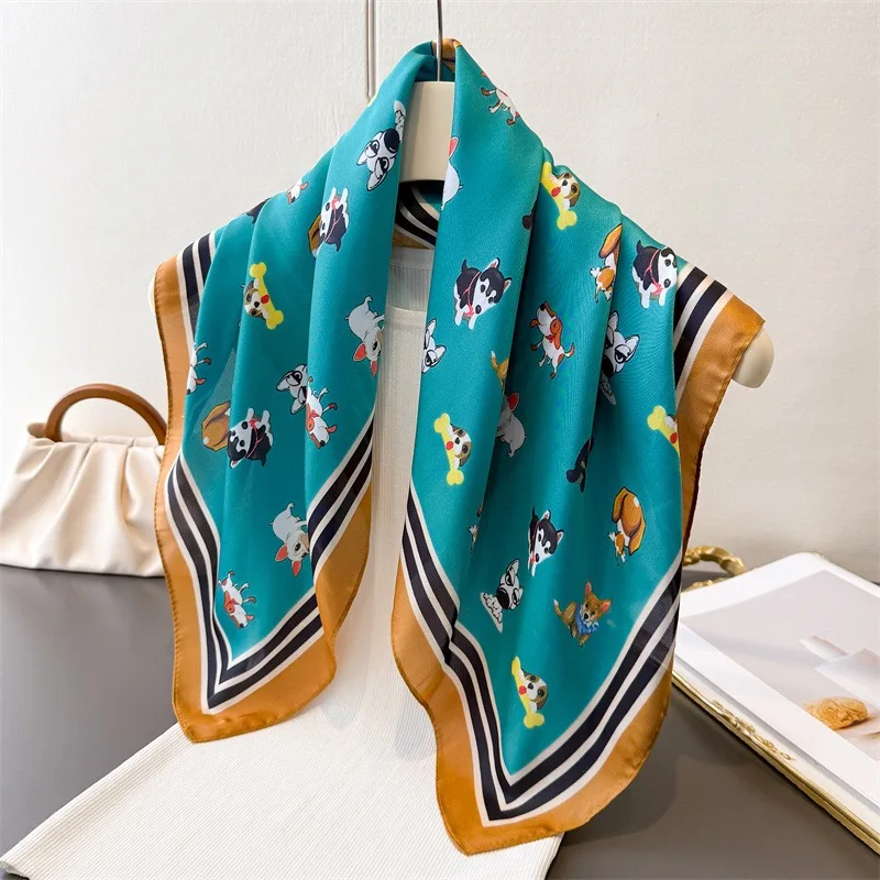 Luxuriöses 70x70cm Quadratisches Seidentuch für Frauen Niedliches Cartoon-Dackel-Muster Schals Wickeltuch Mode-Accessoire Haarband Bandana Hijab