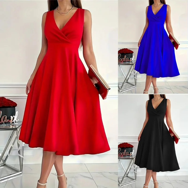 

Summer Women's Dress V-neck Sleeveless Elegant Red Fashion Party Black Professional Temperament Evening Midi Skirt