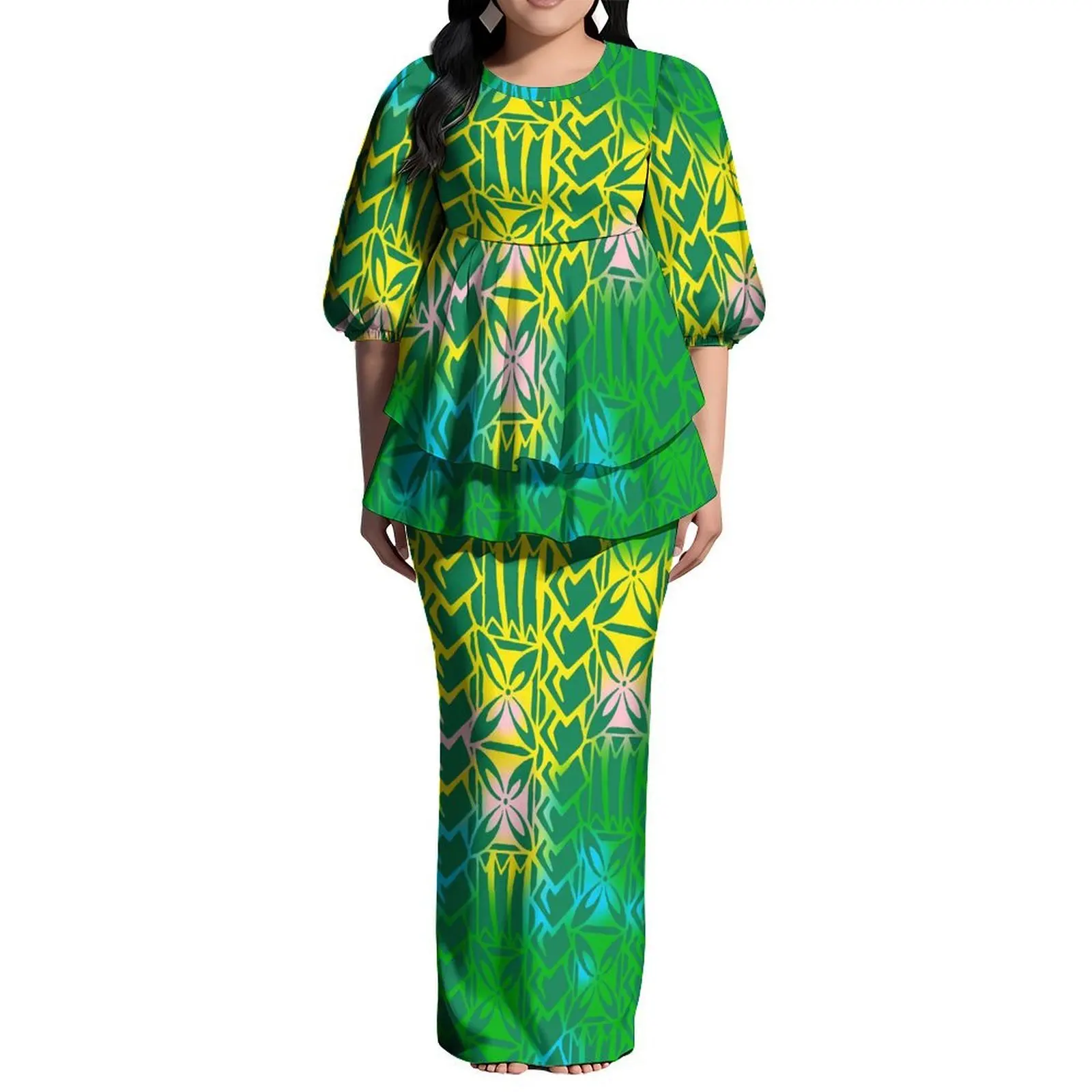 

New Polynesia Puletasi Beach Party Evening Dress Set For Women Round-Neck Puletasi Slim-Fit Dress, Two-Piece Pluse-Sized Outfit