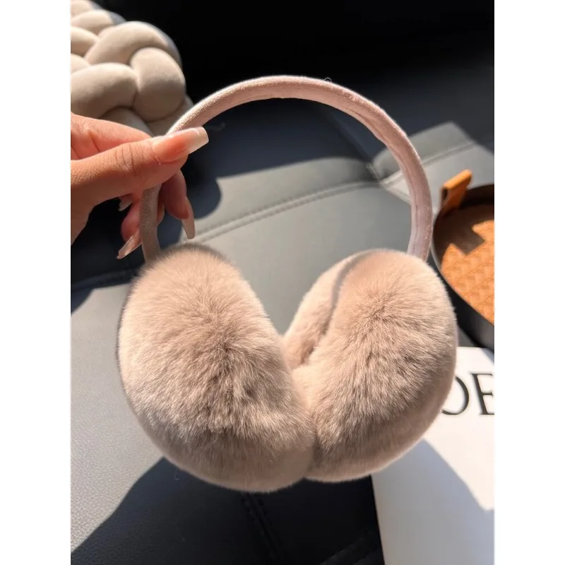 Cute real Rex rabbit hair earmuffs female winter versatile warm plush ear bag cycling windproof ear warm ear cover retractable