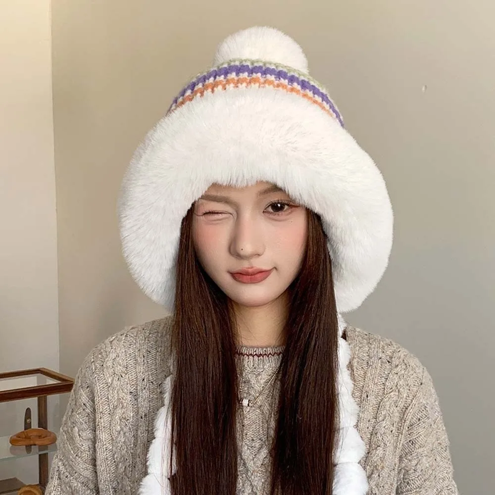 Fleece Lined Pompom Braids Hat Striped Knit Fur Brim Fleece Knit Beanie Windproof Soft Yarn Fur Trim Trapper Travel