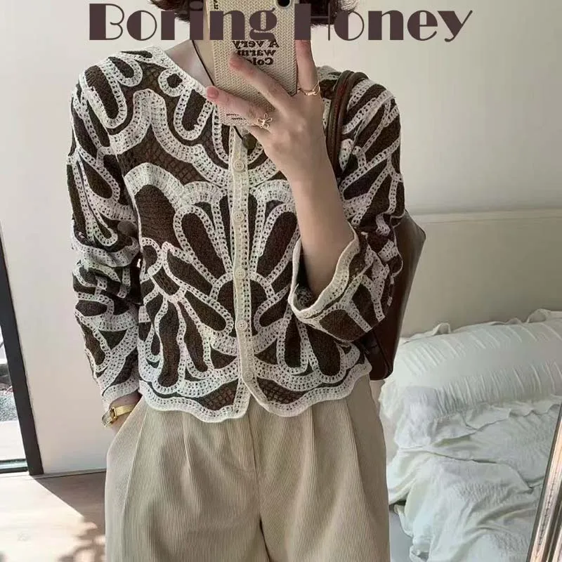 

Boring Honey Bohemian Holiday Wind Crochet Hollow Long-Sleeved Sunscreen Sweater Women Spring Autumn Loose Versatile Slim Top