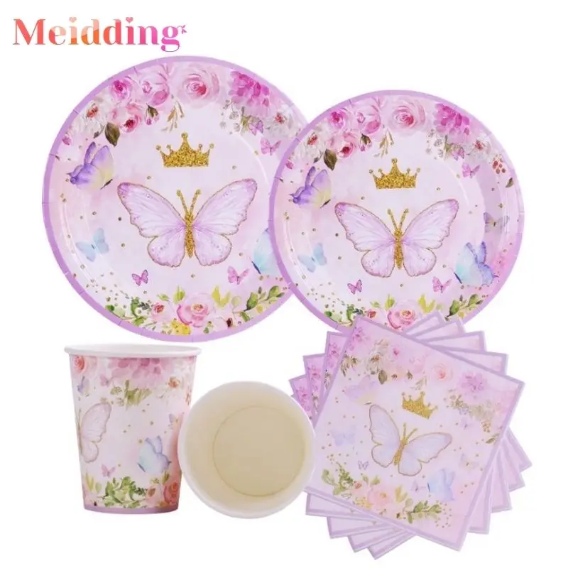 

Pink Butterfly Flower Disposable Tableware Set Paper Plates Cups Balloons Girls Birthday Party Decorations Baby Shower Supplies