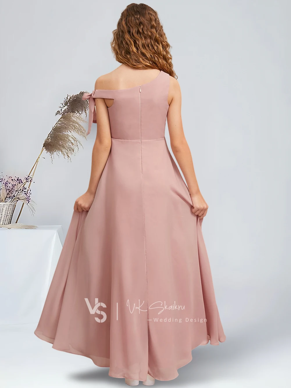 Elegant A-Line One Shoulder Floor-Length Chiffon Junior Bridesmaid Dress with Bow Dusty Rose Charming Flower Girl Dresses Party