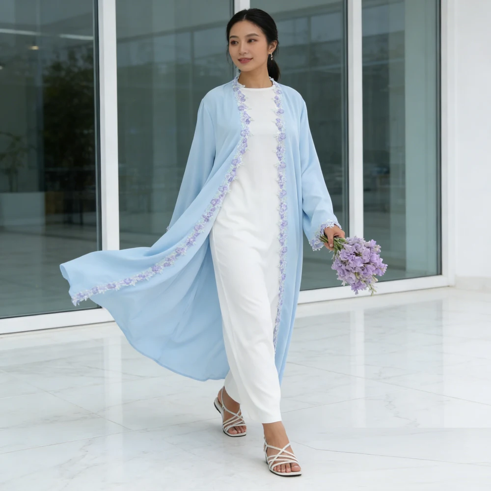 Ramadán Eid Dubai Abaya abierta mujeres musulmanas Vestido bordado Kimono Cardigan Mujer Musulmane Vestido Jalabiya Kebaya caftán Abayas