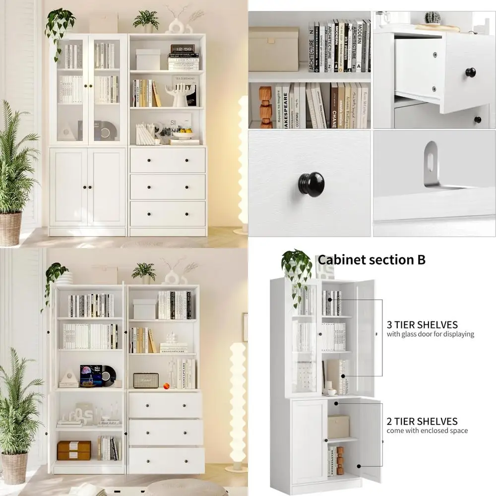 رف كتب حديث من 3 طبقات مع أدراج كبيرة، وخزانة ملفات خشبية، وتخزين مفتوح وخزانة كتب بباب زجاجي