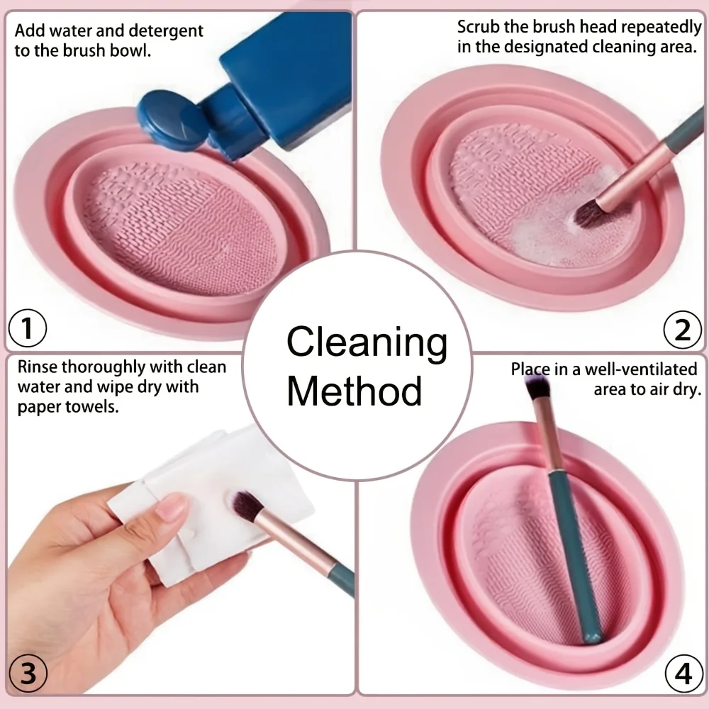 Foldable Silicone Makeup Brush Cleaner Bowl, Textured Scrubber for Brushes Puffs Sponges, Travel Washing Tool, Compact view 3