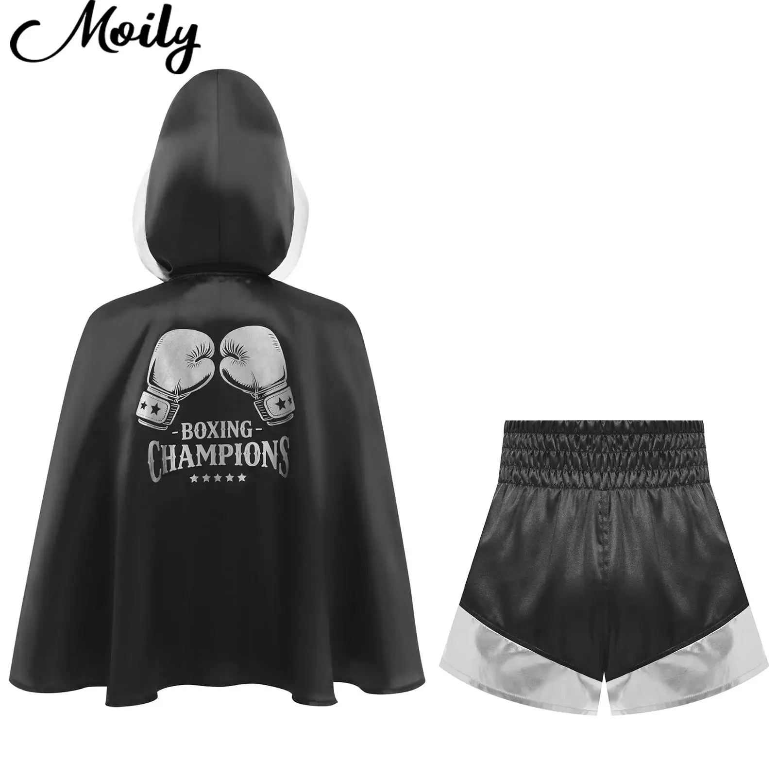 

Unisex Children Muay Thai Boxing Training Outfit Hooded Cloak+Satin Shorts Sportswear for Martial Arts Fight Kickboxing Clothes