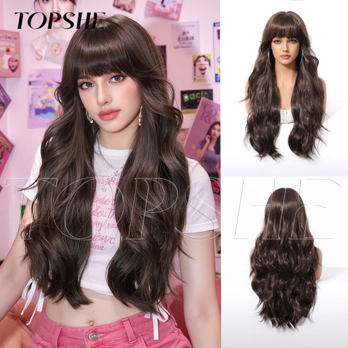 

Dark Brown Long Wavy Wigs with Neat Bangs Synthetic Heat Resistant Hair Wigs for Women Daily Makeup Party Cosplay Hairpiece
