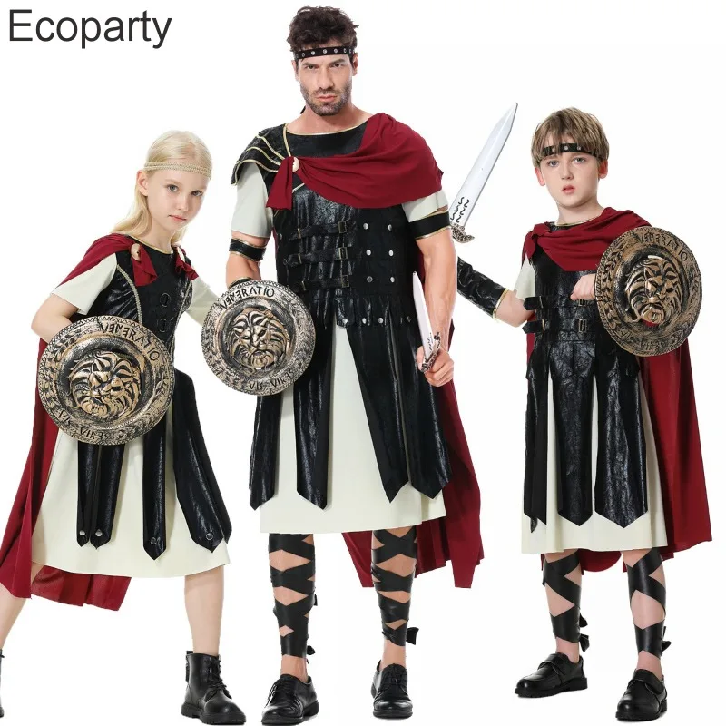 

Halloween Children Male Ancient Roman Warrior Clothes Adult Male Cos Spartan Warrior Costume Cape Shield Knife