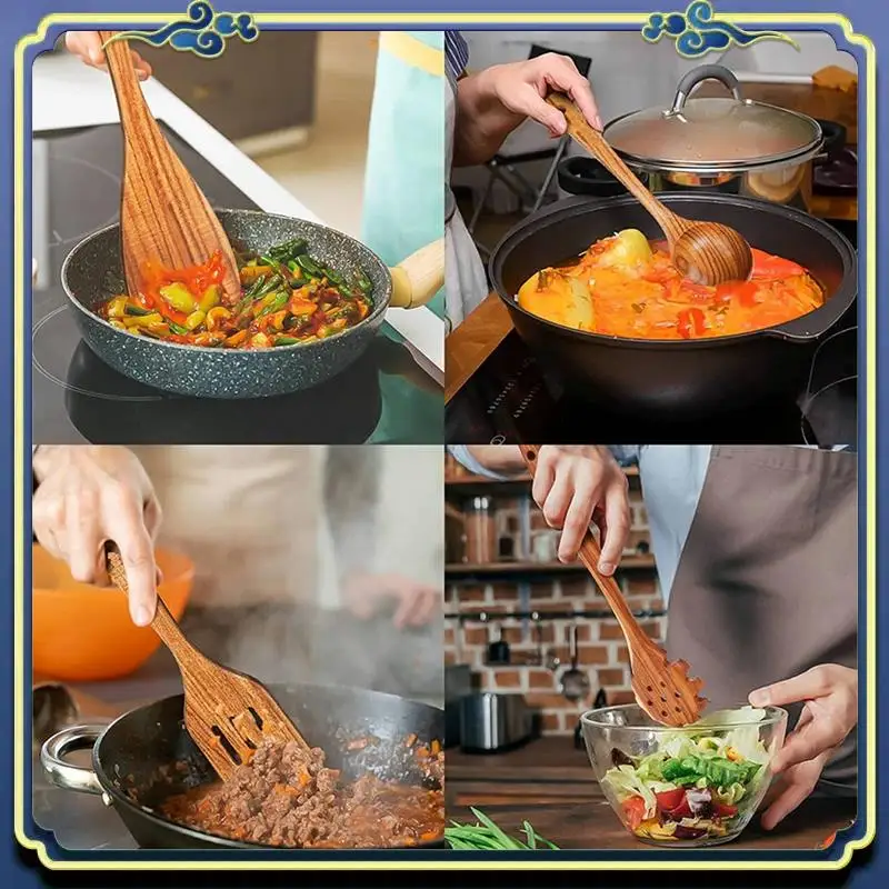 

Новейшая деревянная кухонная утварь, набор кухонной утвари с ложками из тикового дерева и деревянной лопаткой для приготовления пищи