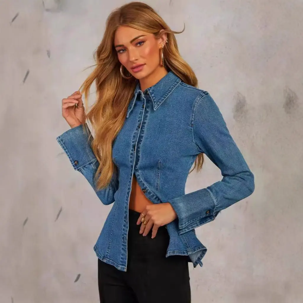Women's Long-Sleeved Denim Shirt Casual Lapel Single-Breasted Autumn Fashion European And American Style 24 Years