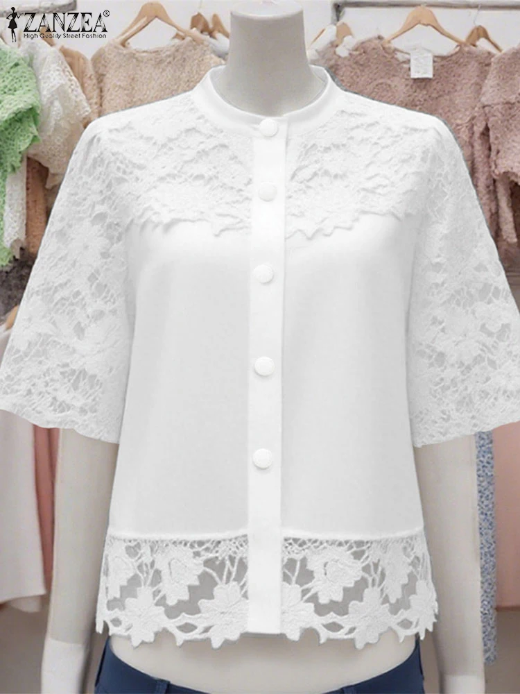 

ZANZEA Summer Women Shirts 2025 Elegant Lace Blouse Fashion Half Sleeve Patchwork Tunic Tops Casual Stand Collar Office Blusas