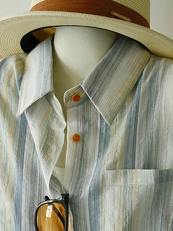 Summer Faion Dünne, reine Baumwolle, atmungsaktiv, lang, für Damen, Irt, Sonnenschutz, gestreift, Retro-Design, Pendeln, Knopfleiste