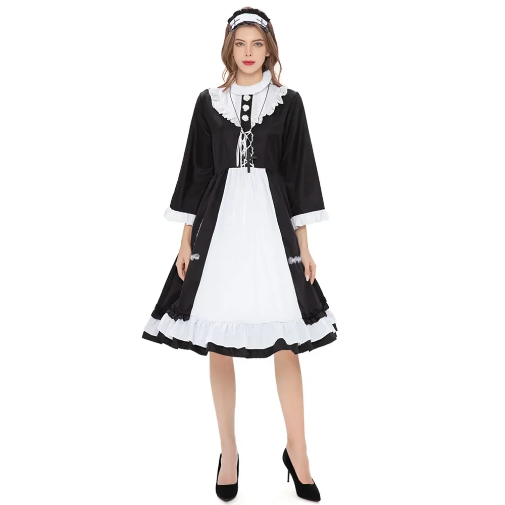 Halloween Nun Cosplay Costumes Medieval Renaissance Missionary Dress With Headwear+Cross