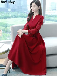Female Red Acetate Satin Luxury Long Dress Autumn Winter Chic Ruffled Long Sleeve Dress 2024 Korean Elegant Bodycon Party Dress
