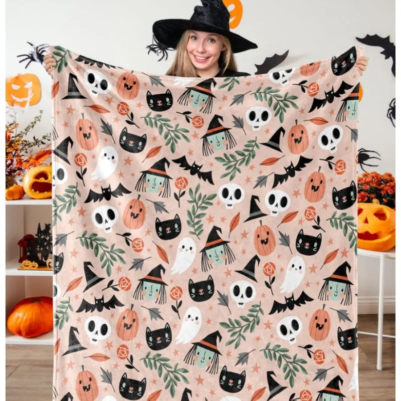 Halloween plush blanket, cute pumpkin ghost cat blanket, suitable for family party bed sofa chair
