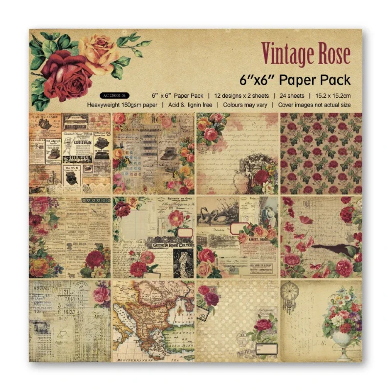 Scrapbook Pad Assorted Pattern Decoupage Cardstock Paper Single-Sided Vintage Scrapbooking DIY Decorative Junk Journaling 24pcs