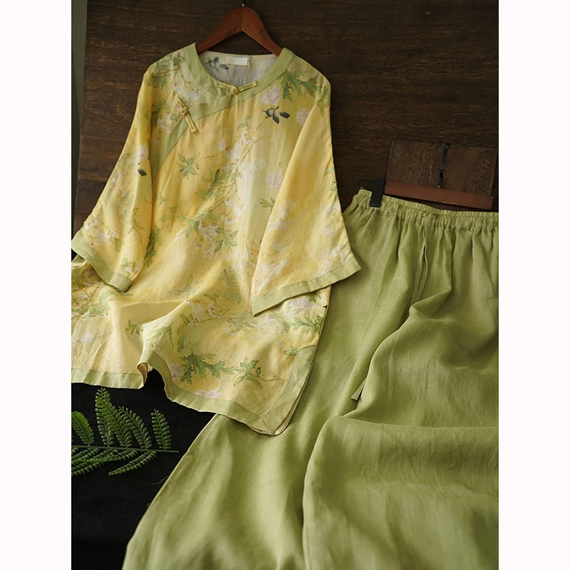 새로운 여름 여성용 밴딩 와이드 레그 팬츠 고품질 라미 프린트 빈티지 싱글 브레스티드 루즈 블라우스 투피스 세트 D003