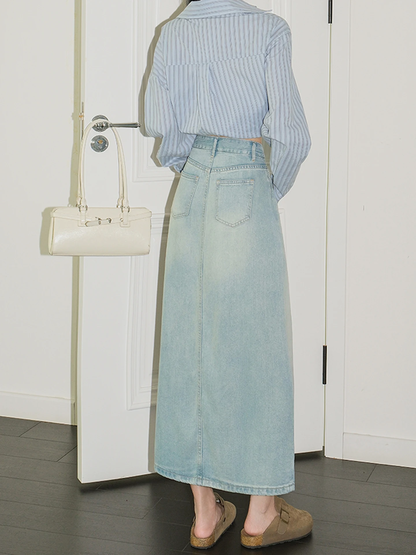 Retro Blue  Silk Thin Denim Asymmetrical Mid-Length Women's Skirt Summer New Design Casual Washed High Waist Straight Cut