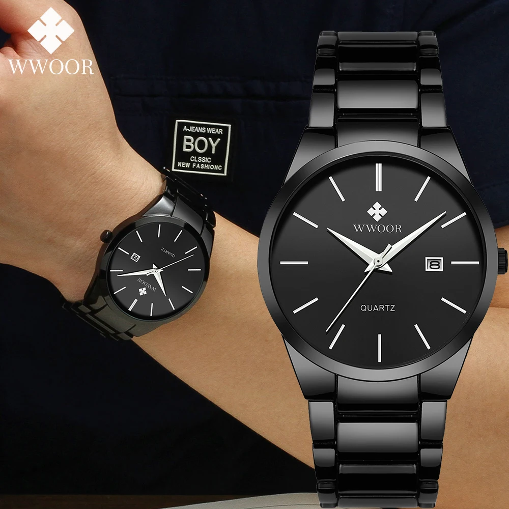 WWOOR New Top Brand Fashion Men Watch Full Black Watches For Men Luxury Men Quartz Wristwatch Male Steel Belt Waterproof Watch