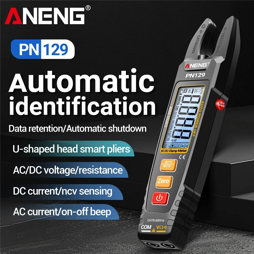 

Цифровой мультиметр-клещи ANENG PN129 для измерения переменного тока, 4000 измерений, тестер напряжения и тока переменного/постоянного тока, амперметр, NCV, омметр, высокоточный инструмент