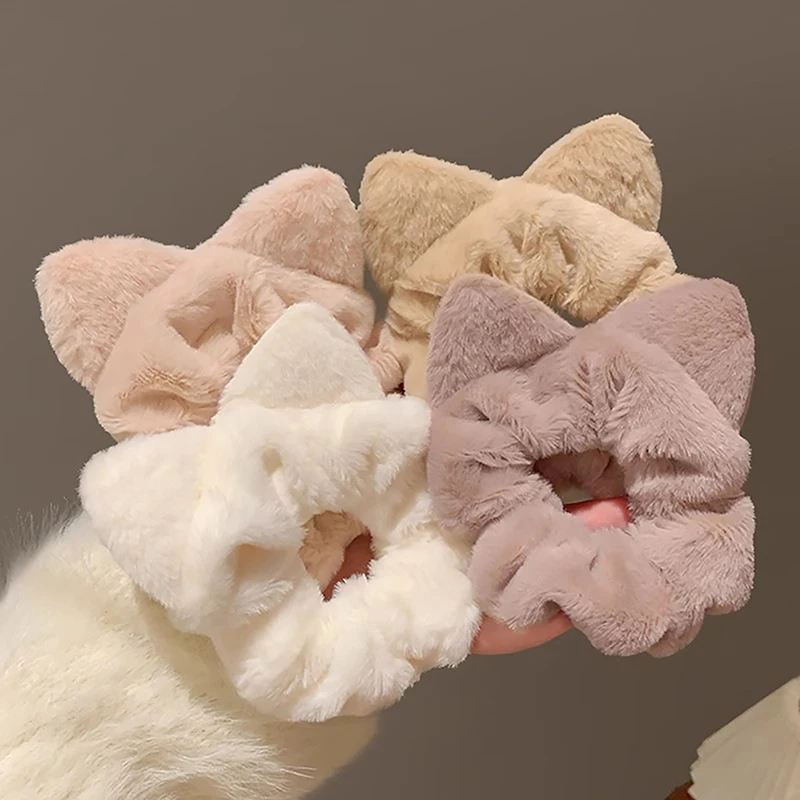 2024 Autumn Winter New Cute Kitten Ears Plush Hair Tie Band Large Intestine Head Rope Pompom Hair Ties Accessories Headwear image 2