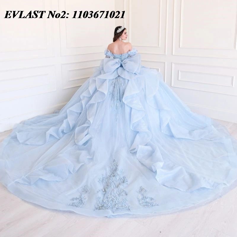 EVLAST Customized Sparkly Blue Ball Gown Quinceanera Dress Lace Applique Beading Mexican Bow Sweet 16 Vestidos 15 Anos E2QA469