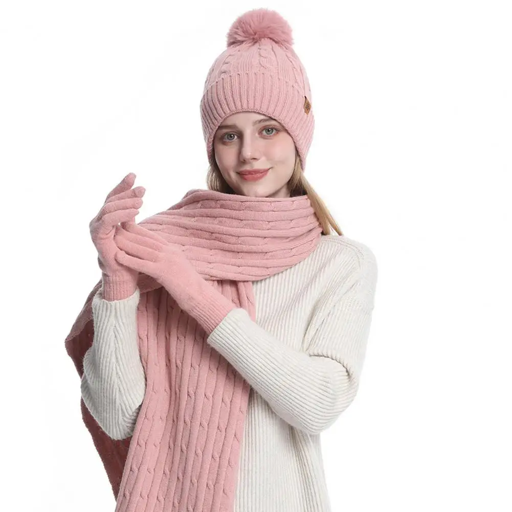 

Cable Knit Scarf Plush Lining Warm Set Women's Winter Plush Ball Decor Hat Scarf Gloves Set with Touchscreen Gloves Knitted Long