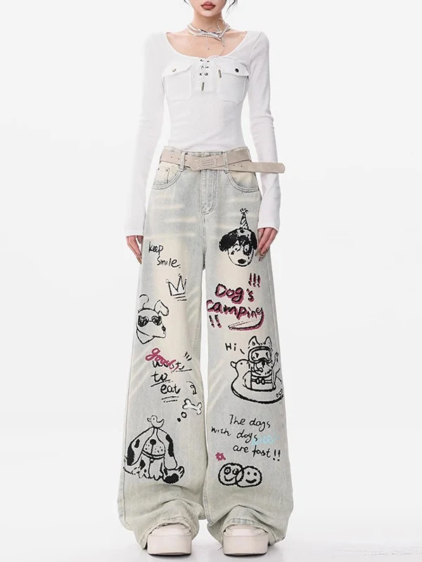 

High Waist Wide Leg Casual Jeans Women's Spring Autumn fiti Cartoon Loose Straight Long Pants